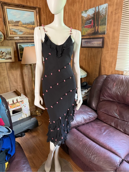 Ice Dresses & Skirts - Incredible Y2K Silk Dress with Beads and Pink Rosette Accents
